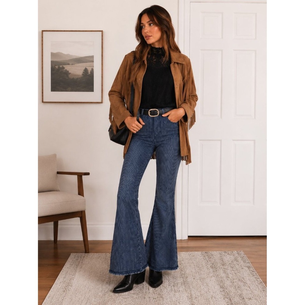 Altar'd State Livingston Striped Pull-On Flare Jeans Small Boho Bell Bottom